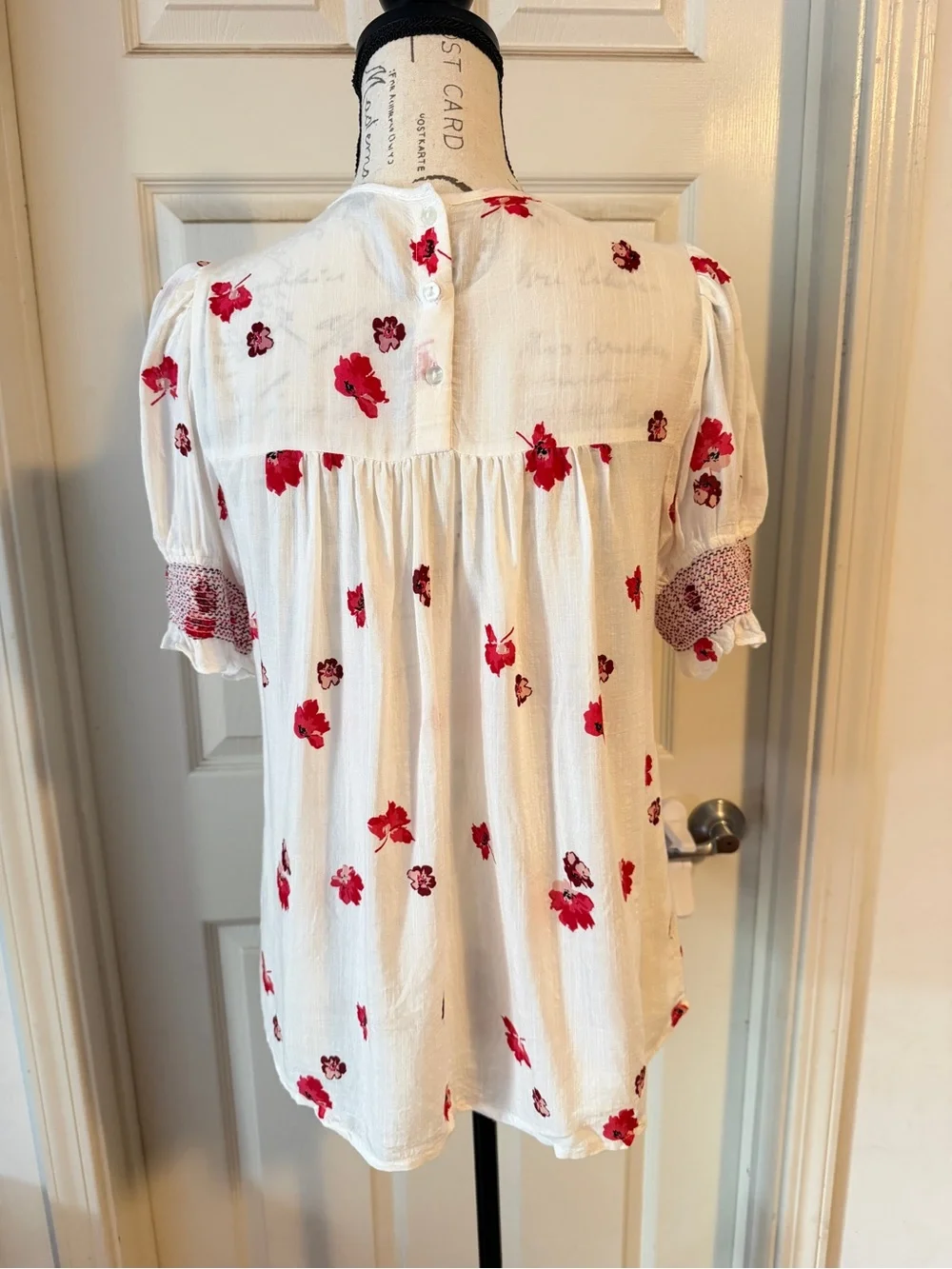 Anthropologie White Peasant Blouse with Red Floral Print